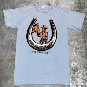 Vintage 80s Levis Western Graphic T Shirt. Light Blue San Francisco. Size Small